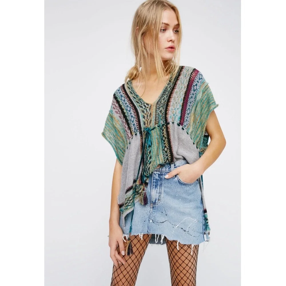 Free People Moonlit Path Pullover Boho Knit Tassel Tie V-Neck Top Multi Color S